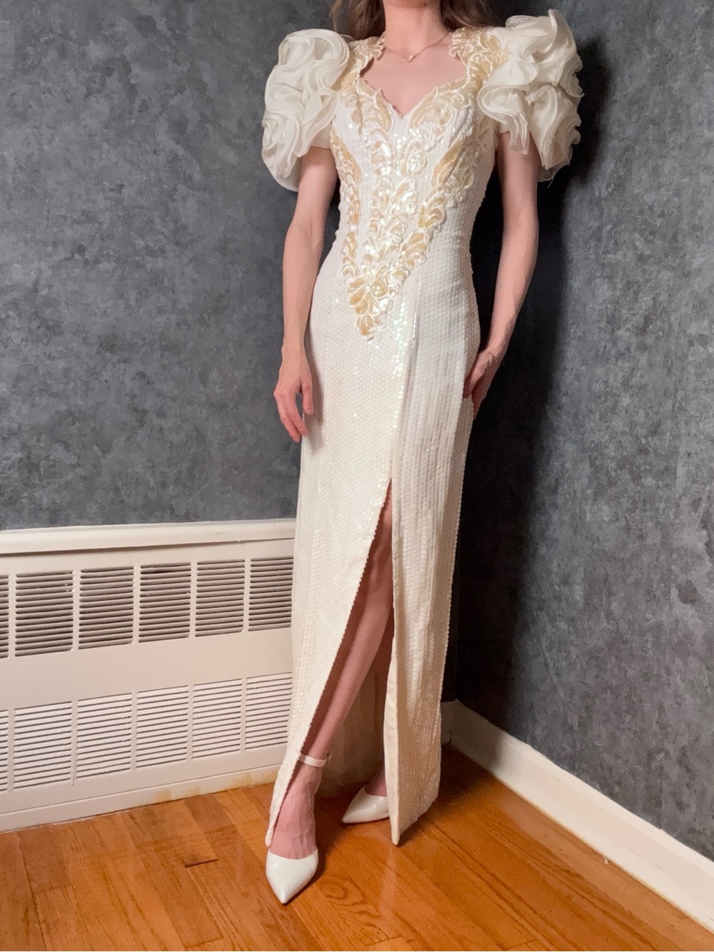 Alyce Designs Vintage 80s Sequin Beaded Wedding Gown Puff Sleeve Keyhole Back